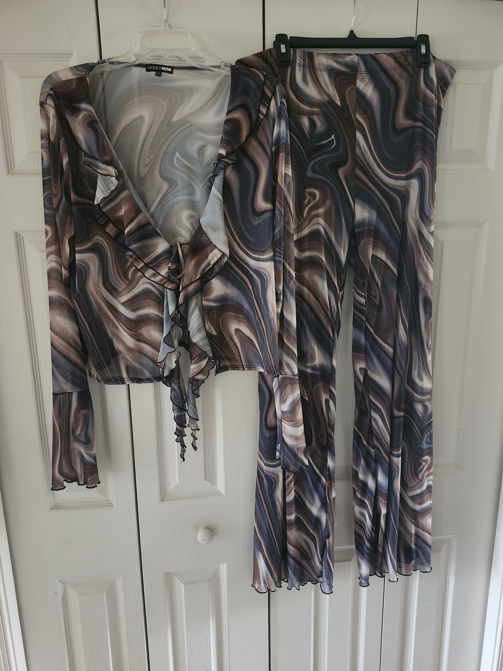 Fashion Nova Marble Swirl Ruffle Wrap Top & Bootcut Pants in Brown, Gray, Cream